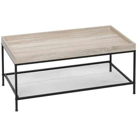 Rootz Coffee Table - Side Table - With Grid Shelf - Raised Table Edge - Steel Frame - Wooden Top - MDF/Steel - Natural Wood - 100 x 50 x 46.5cm