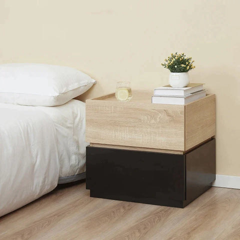 Rootz Bedside Table - Coffee Table With Drawer - Black + Natural - 50 cm x 4 cm x 47.5 cm