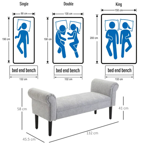 Rootz Ottoman Bench - Upholstered Bench - Bench Seat - End Of Bed Bench - Grey - 132 x 45.5 x 58 cm