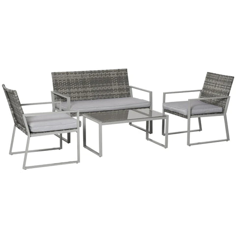 Rootz Garden Furniture Set - 4pc Rattan Furniture - Single Sofa Arm Chairs - Bench With Cushions - Coffee Table - Garden Furniture - Backyard Seating - Stylish And Comfort - Grey