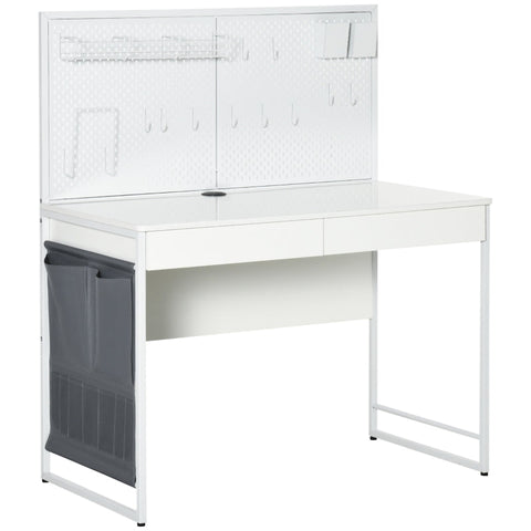 Rootz Computertisch – Computertisch mit 2 Schubladen – inkl. Memo-Gitter + 10 Haken – Seitentasche – Stahl – Spanplatte – Weiß + Grau – 110 L x 58,5 B x 127 H cm