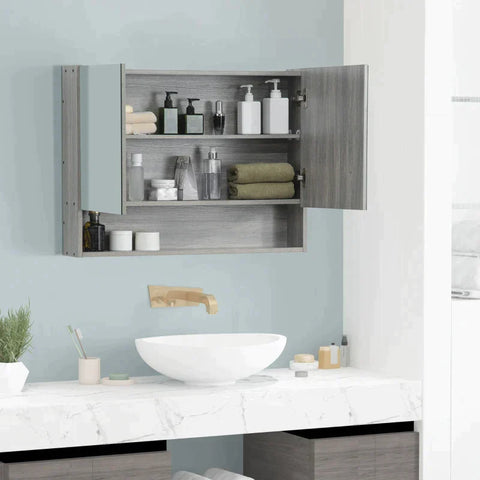 Rootz Mirror Cabinet - Bathroom Cabinet With Two Doors And Shelf - Waterproof - Grey - 80 x 15 x 60 cm