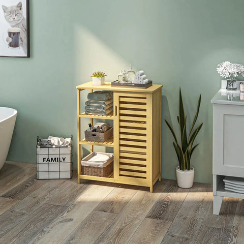 Rootz Bathroom Cabinet - 3 Shelves - Air Circulation - 1 Cabinet - Anti-tip Design - Slat Doors - Bamboo - Natural Wood - 66L x 33W x 87H cm