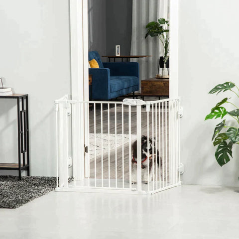 Rootz Dog Barrier - Door Gate - Pet Gate - Angle Adjustable - Foldable Configuration Gate with Automatic Closing Door - 3 Panels - White - 202.5 x 76 cm