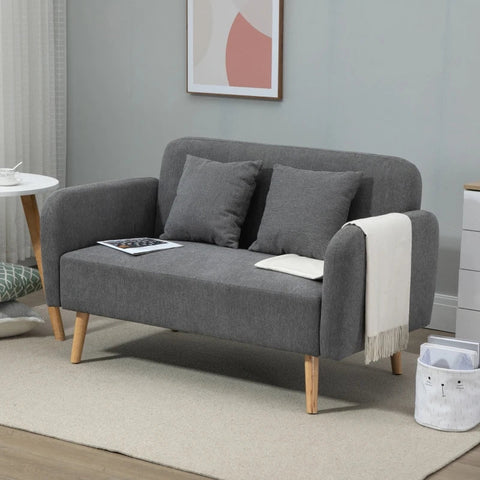 Rootz Double Sofa - Upholstery With Cushions - Compact Design - Two-seater - Adjustable Height Of The Footrests - Velvety Polyester - Rubber Wood - Foam - Grey + Natural - 130 x 70 x 80 cm