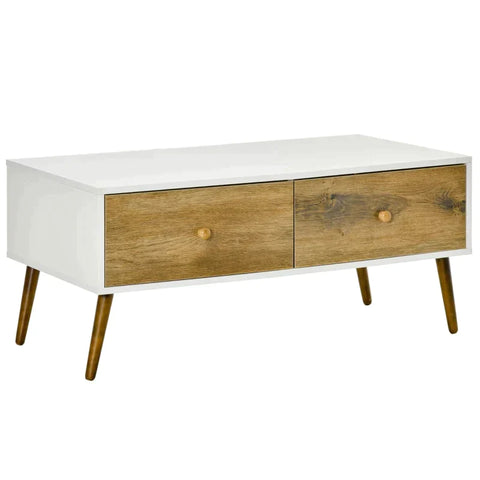 Rootz Coffee Table - Coffee Table With Two Drawers - Side Table - Storage Cabinet - Scandinavian-style - White/Brown - 100 cm x 53.5 cm x 45 cm