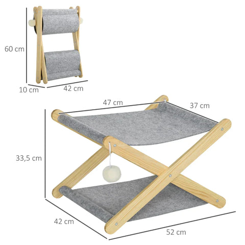 Rootz Cat Bed - Dog Bed - Pet Bed - With Ball Toy - Foldable - With Frame 2 Levels -  Pine Wood - Natural/Gray - 52 x 42 x 33.5 cm