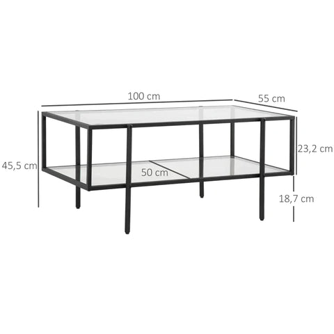 Rootz Couchtisch – Beistelltisch – mit Glasplatte – Tisch – mit 3 Ablagen – gehärtetes Glas/Stahl – transparent/schwarz – 100 x 55 x 45,5 cm