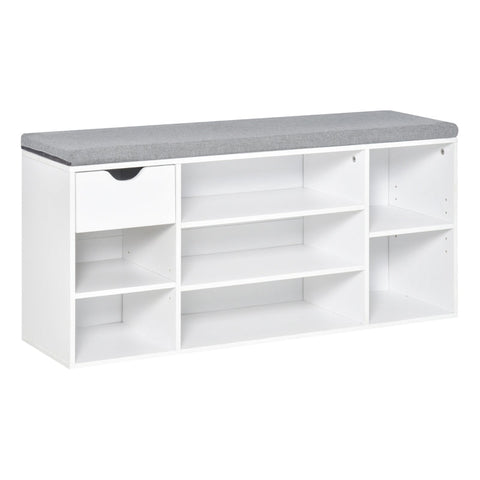 Rootz Shoe Bench - Shoe Storage Bench - Shoe Bench With Cushion - 7 Compartments - Adjustable Shelves - White/Grey - 101 cm x 29 cm x 47.5 cm