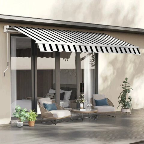 Rootz Window Awning - Awning - Sun Protection - Retractable - With Hand Crank - Metal Frame - White/Blue - 3.95 x 2.45 x 3.50 m