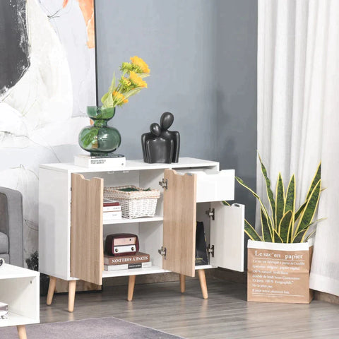 Rootz Sideboard - Sideboard With Cabinet And Drawers - Chest Of Drawers - Bedside Table - Side Cabinet In Scandinavian Design - Bedroom - Living Room - Home - Office - White And Natural - 90 x 30 x 72 cm