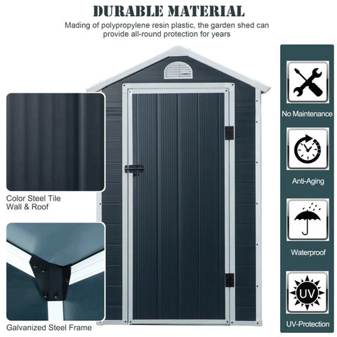 Rootz Tool Shed - Garden Shed - Tool Shed - Ventilation Window - Pent Roof - Metal - Grey - 134 x 104 x 204 cm