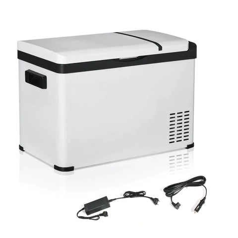 Rootz Car Cooler Box - 30L with LCD Display - Compressor - Car Fridge - Electric Boat Camper - Travel - 12/24V DC and 110-240V AC - White - 61L x 32W x 40H cm