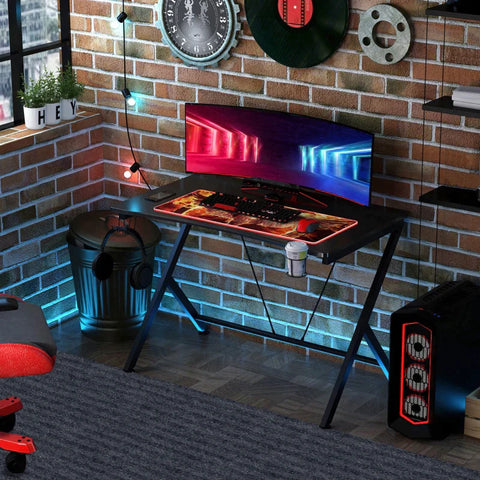 Rootz Gaming Desk - Computertafel - Metalen frame met bekerhouder - Koptelefoonhaak - Kabelgat - Zwart - 108 cm x 66 cm x 77 cm