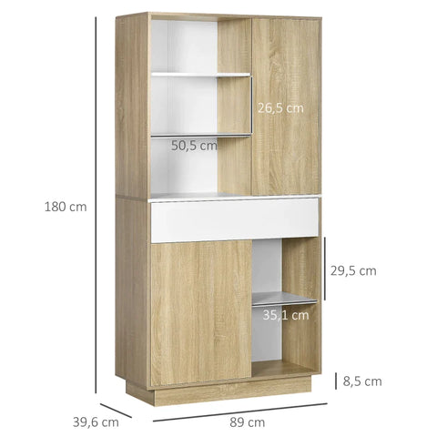 Rootz Kitchen Cabinet - Buffet Cabinet - 3 Adjustable Shelves - Drawer - White + Wood - 89 x 39.6 x 180 cm