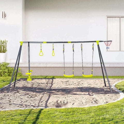 Rootz Kinderschaukel – Gartenschaukel mit Metallgestell – Schaukelgestell – Schaukelset – Kletterringe – Wippe – bis 150 kg – Outdoor – 365 x 138 x 175 cm