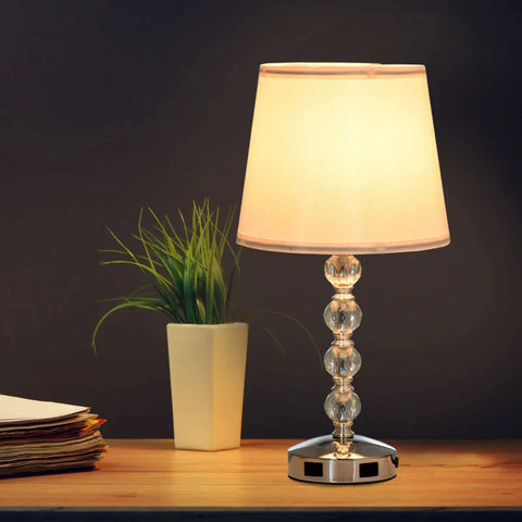 Rootz Table Lamp - Fabric Lampshade - Touch Sensor - USB Port - Crystal E27 - Living Room - Bedroom - Dining Room - White + Silver - Ø23 x 45H cm