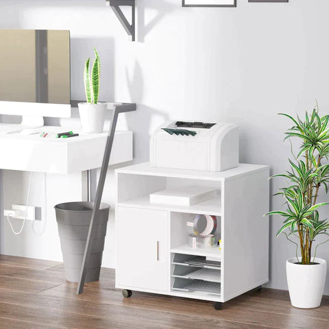 Rootz Printer Stand - Printer Table - Office Trolley - Cabinet Stand - White - 60 cm x 50 cm 65.5 cm