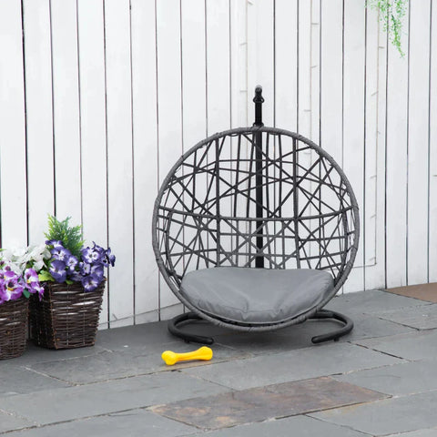 Rootz Hondenhok - Rotan Hondenhok met Kussen - Dierenbed - Kattenhuis - Kattenmand - Kattenhol - Hangstoel - Hangmat voor honden - Grijs + Zwart - 60 x 53 x 76 cm