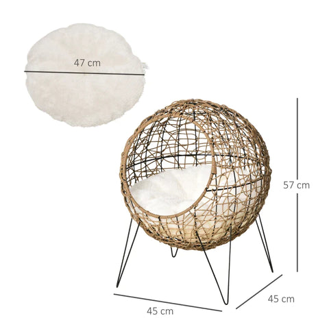 Rootz Rattan Cat Basket - Cat Cave - Cat Hut - Cat Bed with Cushion - Elevated Design - Pet Bed - Bruin - Ø45 x 57H cm