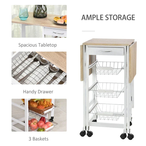 Rootz Kitchen Trolley - Drop-leaf Kitchen Trolley - Baskets Drawer - 6 Wheels Rolling Storage Unit - Kitchen - Home - Dining Cart - White/Brown - 97.2 cm x 37 cm x 77.5 cm