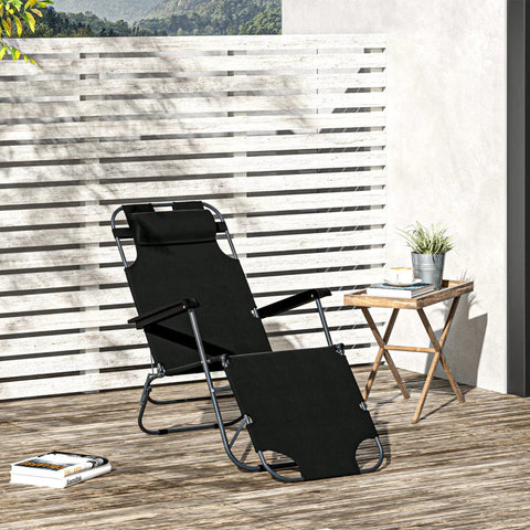 Rootz Sun Lounger With Cushion - Foldable Beach Lounger - 2-tier Garden Lounger - 2-in-1 Relaxation Lounger - Metal + Oxford Fabric - Black - 135 x 60 x 89 cm