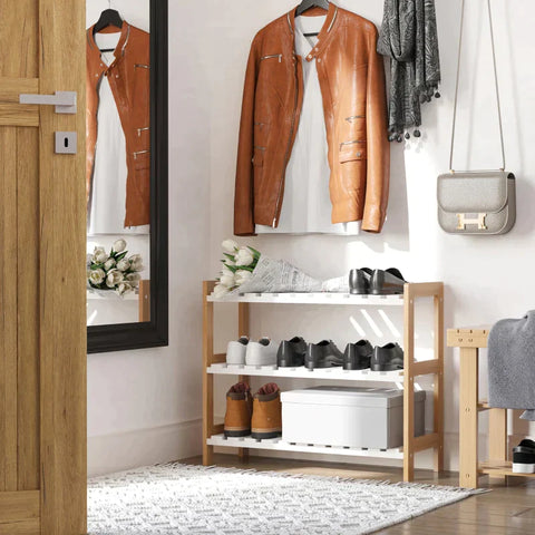 Rootz Shoe Rack - Pine Shoe Rack - Bathroom Shelf - Shoe Cabinet with 3 Shelves - Shelf for Shoes - White