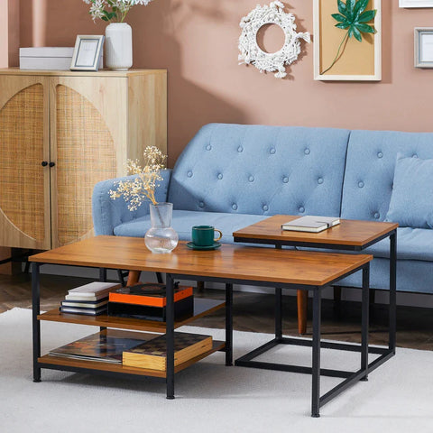 Rootz Side Table Set - Small Nesting Table - Two Shelves - Steel Frame - Wood Look - Chipboard - Natural + Black - 110 x 50 x 45cm