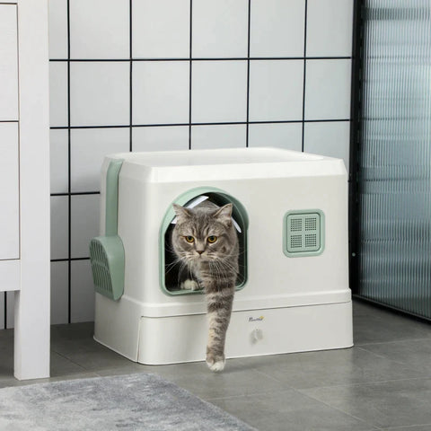 Rootz Cat Litter Box with Cover - 1 Litter Scoop - Removable Base Tray - Mint Green + White - 50cm x 40cm x 40cm