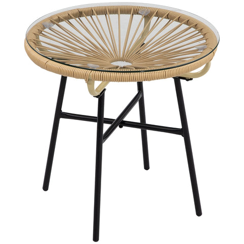 Rootz Garden Table - Boho Style Garden Table - PE Rattan - Tempered Glass - Weather Resistant - Black + Brown - 50cm x 50cm x 50cm