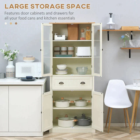 Rootz Kitchen Cabinet - Freestanding Kitchen Cupboard - 5-tier Storage Cabinet - 2 Cabinets - 2 Drawers - 2 Glass Doors With Window Bars - Creamy White - 76 cm x 40 cm x 182.5 cm