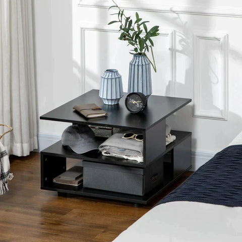 Rootz Side Table - Bedside Table - Coffee Table - Modern Design - 3 Storage Levels - Chipboard - Black - 60 x 60 x 45cm