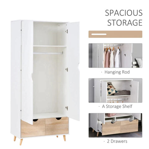 Rootz Wardrobe - Wardrobe With Rod Drawer - Living Room - Bedroom - White/Natural - 80 x 40 x 180 cm