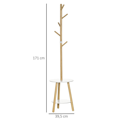 Rootz Kapstok - Kapstok Met Bijzettafel - Scandi Design - 5 Kapstokhaken - Naturel + Wit - 39,5 cm x 39,5 cm x 171 cm