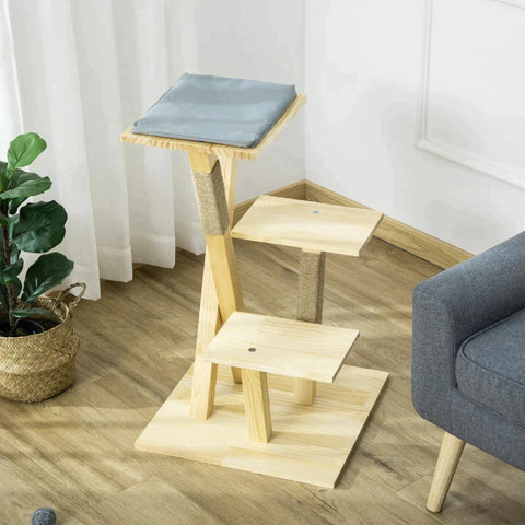 Rootz krabpaal - houten krabpaal - krabpaal - klimboom met jute - kattenmeubel - krabplank met kussen - 3 plateaus - stabiel kattenspeelgoed - naturel - 48 x 48 x 78 cm