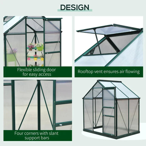 Rootz Greenhouse - Walk-in Mini Greenhouse - Met Dakraam - Aluminium/PC Board - Donkergroen - 1.9x1.3x2 m
