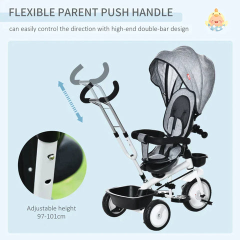 Rootz 2 In 1 Children's Tricycle - Jogger With Steering System - Rod Basket - Sun Canopy - Velvet Touch - Grey - 100 x 48 x 106 cm