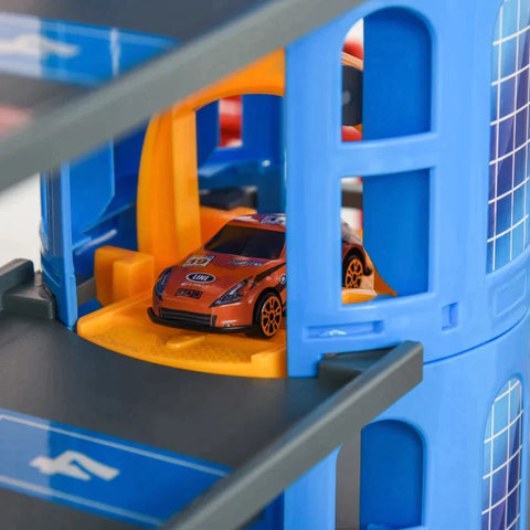 Rootz Parking Garage – Mehrstöckiges Parkhaus für Kinder – Parkhaus-Spielset – Spielzeugautos komplett mit Hubschrauber – Blau/Grau/Rot – 92 x 46 x 71 cm