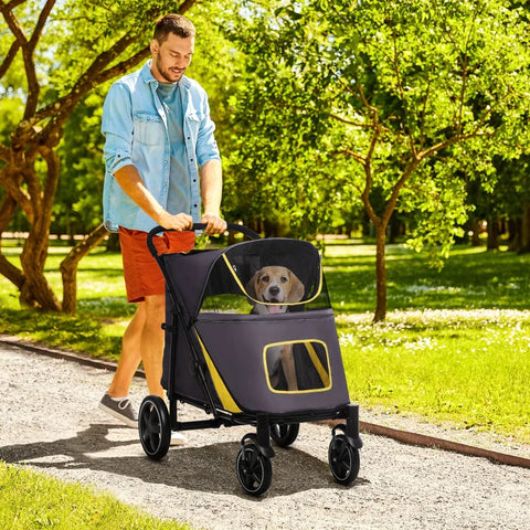 Rootz Folding Dog Trolley - One-click System - Foldable - 2 Safety Lines - Dark Gray + Black - 112L x 65W x 100H cm