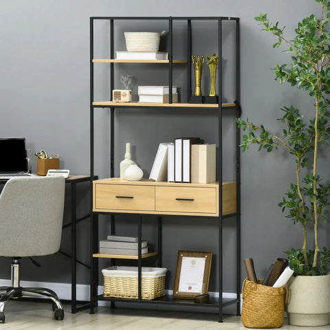 Rootz Wall Shelf Bookcase - 2 Drawers - 4 Shelves - Multiple Shelves - Study Rooms - Flexible Design - Industrial Design - Chipboard - Natural + Black - 80L x 30W x 170.5Hcm