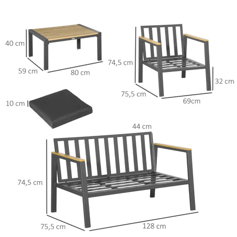 Rootz 4-teiliges Gartensofa-Set mit gepolsterten Kissen – 4-Sitzer-Konversationsmöbel-Set für den Außenbereich mit Couchtisch – Aluminium – Grau – 128 cm x 75,5 cm x 74,5 cm 128 cm