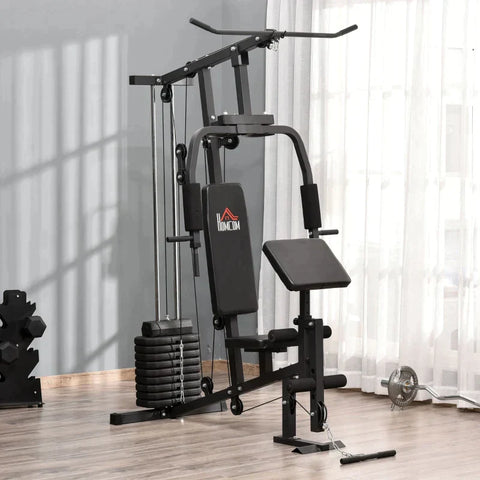 Rootz Gym Krachtstation - Fitnessstation - Krachtstation - Fitnesscentrum - Fitnessapparatuur inclusief gewichten met rolbekleding - Zwart - 148 x 108 x 207 cm