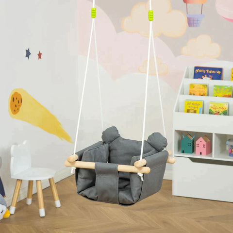 Rootz Babyschommel - Kinderschommel met veiligheidsgordel - Peuterschommel - Babyzitkussen - Katoenen canvas - Hardhout - Grijs - 40 x 40B x 180H cm