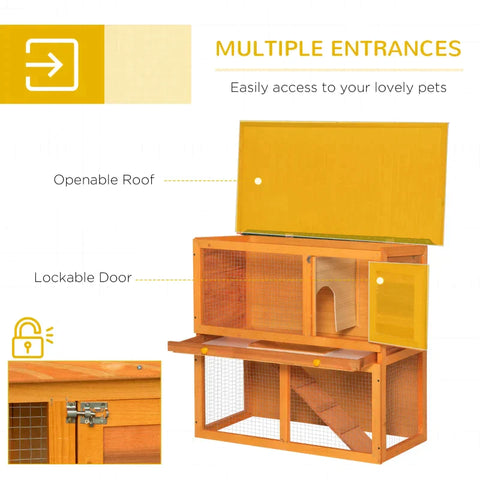 Rootz Small Animal Hutch - Rabbit Hutch - 2-Tier Rabbit Hutch - Wooden Guinea Pig Hutch - Double Decker Pet Cage - Run with Sliding Tray - Yellow + Green - 90cm x 45cm x 80cm