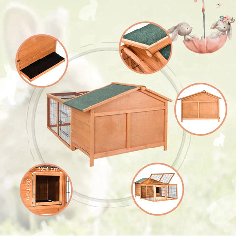 Rootz Small Animal Hutch - Wooden Rabbit Hutch - Rabbit Cage - Pet House - Openable Run & Roof Slide-out Tray - 58" x 37" x 27"