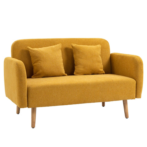 Rootz Double Sofa - Upholstery With Cushions - Compact Design - Two-seater - Adjustable Height Of The Footrests - Velvety Polyester - Rubber Wood - Foam - Yellow + Natural - 130 x 70 x 80 cm