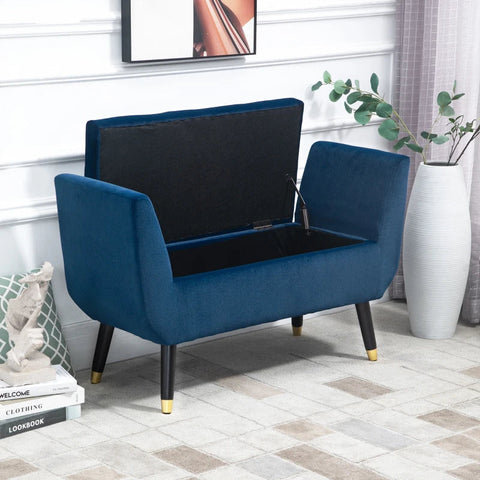 Rootz Luxury Bench - Upholstered Bench with Storage Space - Armrests - Chest Bench - Velvety - Polyester - Rubber Wood - Blue - 107 x 42 x 65 cm