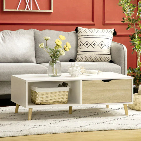 Rootz Couchtisch – Beistelltisch – Esszimmertisch – 2 Regale – 2 Schubladen – Spanplatte – Weiß/Natur – 106 cm x 58 cm x 39,5 cm