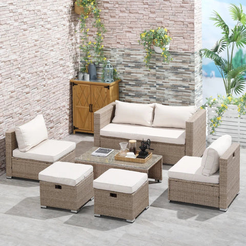 Rootz Sofa Set - Rattan Seating Set - Garden Furniture Set - Coffee Table - Metal - Khaki/Beige