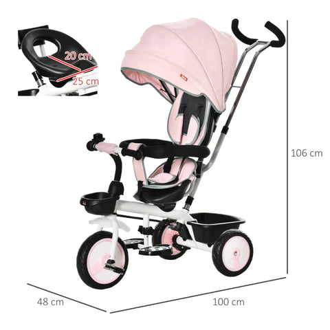 Rootz 2 In 1 Children's Tricycle - Jogger With Steering System - Rod Basket - Sun Canopy - Velvet Touch - Pink - 100 x 48 x 106 cm